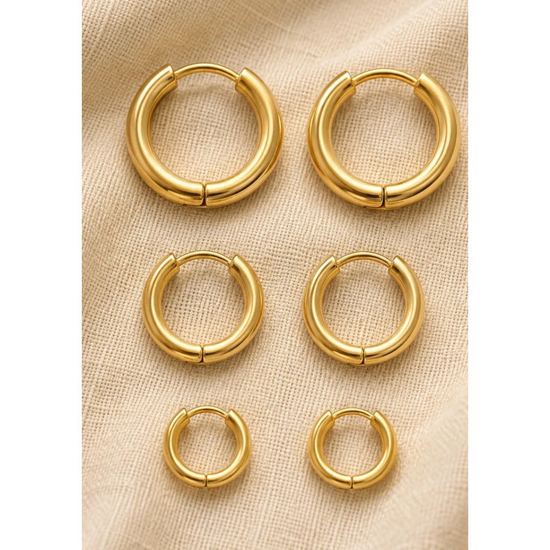 Aros Argollas Acero Inoxidable Lisas Pack 3 Pares Unisex Dorado