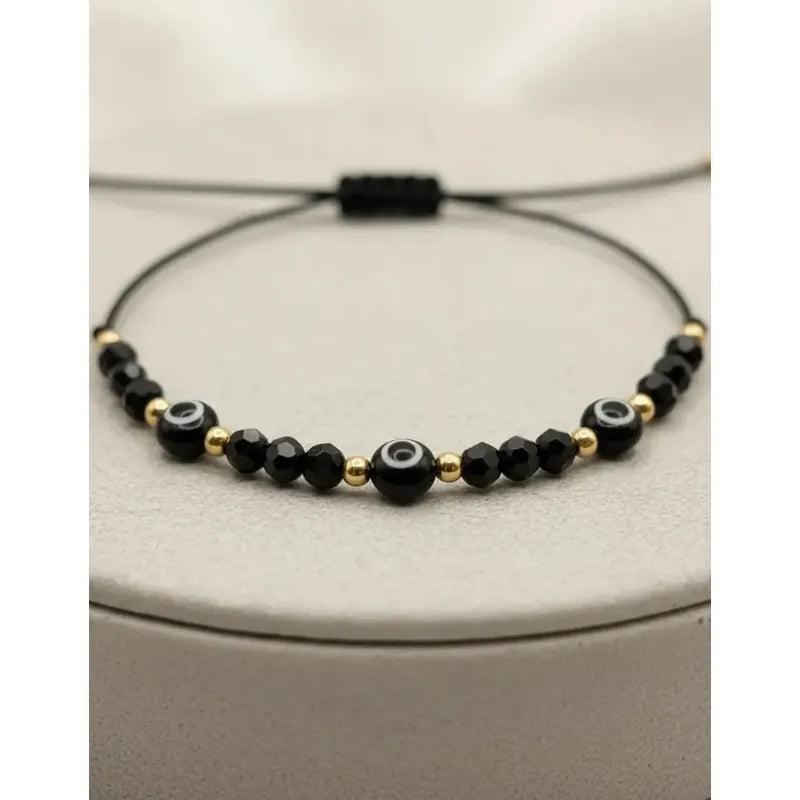 Pulsera Ojo Turco Negra Hombre Mujer Protección Acero Negro 16 Cm