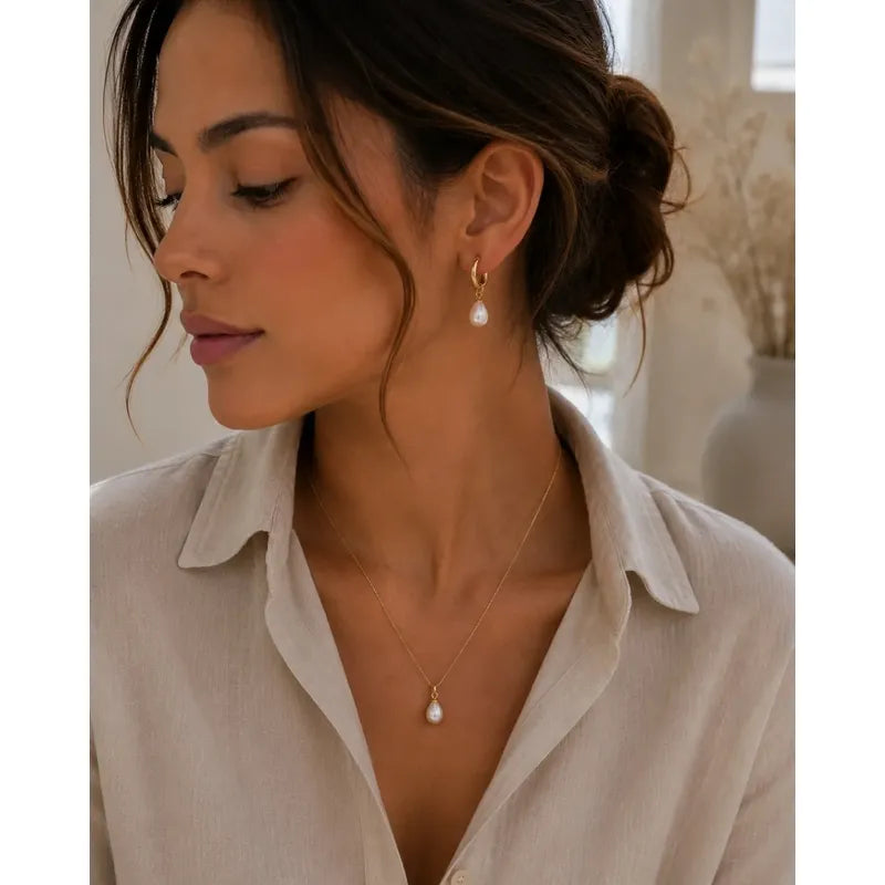 Collar Aros Perla Mujer En Acero Y Enchape Set Con Caja Dorado
