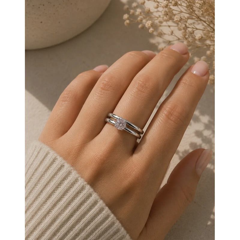 Set 2 Anillos Mujer Acero Inoxidable Zirconia Elegante Plateado 18