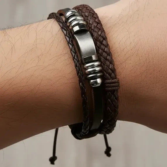 Pulseras Hombre Pack 6 Ajustables Set Variado Ecocuero Acero Marrón Oscuro 18 Cm