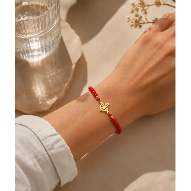 Pulsera Nudo De Bruja Cristales Rojos Protección Y Suerte Dorado 20 Cm