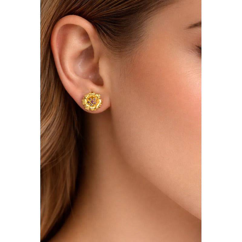 Aros Florales Enchapados En Oro 18k De Mujer Mas Caja Regalo Dorado