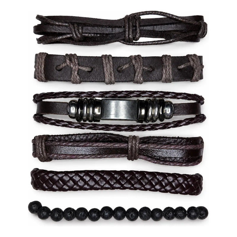 Pulseras Hombre Pack 6 Ajustables Set Variado Ecocuero Acero Marrón Oscuro 18 Cm