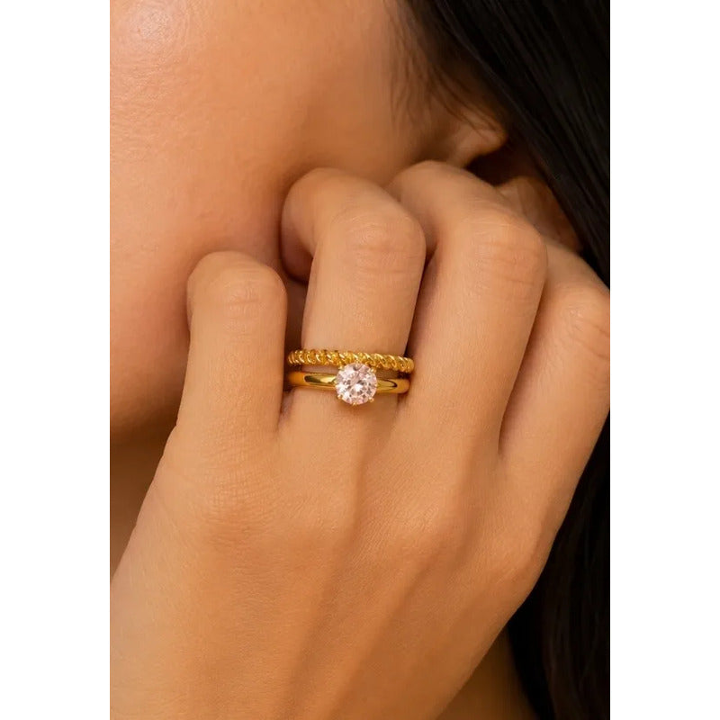 Anillos Mujer Set Solitario Y Trenzado En Acero Inoxidable Dorado 18