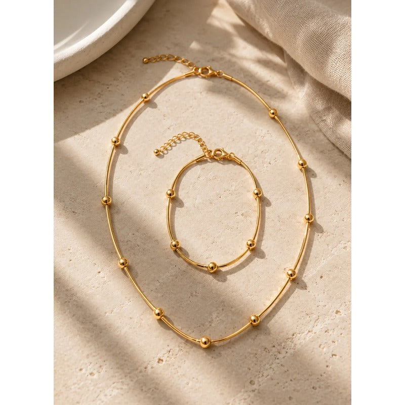 Set Collar Y Pulsera Acero Inoxidable Femenino Dorado Con Balines