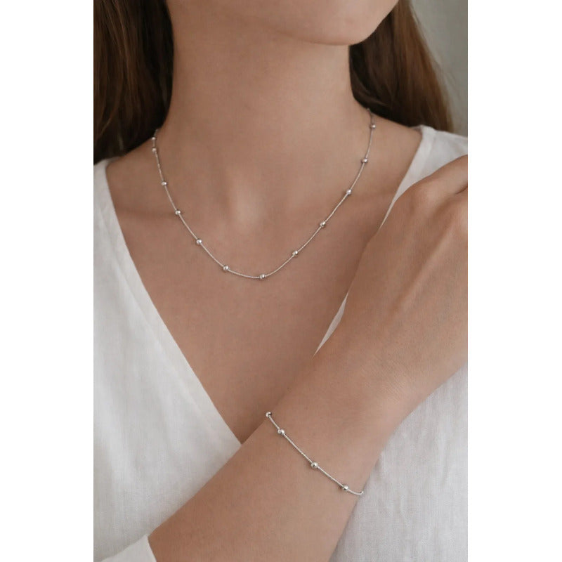 Set Collar Y Pulsera Acero Inoxidable Femenino Plateado Con Balines
