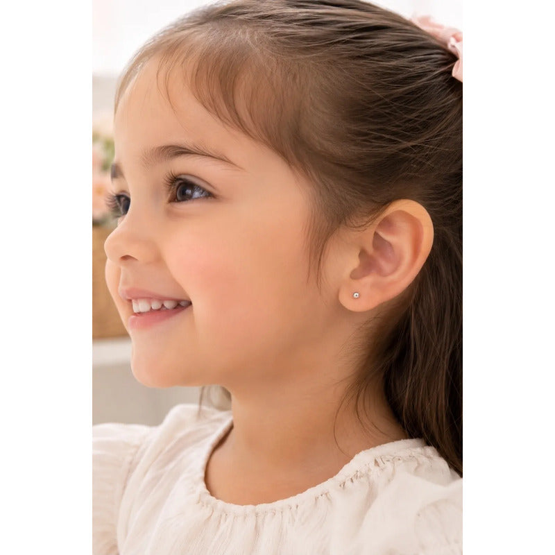 Aros Plata 925 Bebé Niña 3mm Clásicos Bolitas Tope Seguridad Plateado