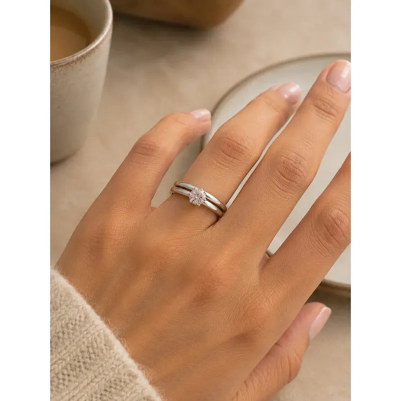 Set 2 Anillos Mujer Acero Inoxidable Zirconia Elegante Plateado 19