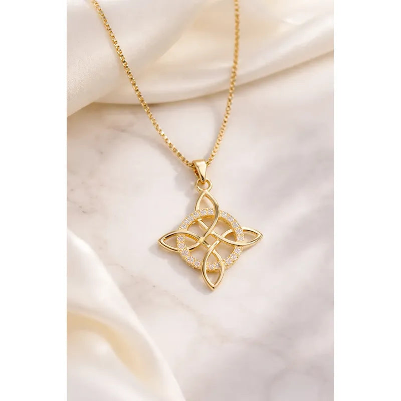 Collar Nudo Bruja Dorado con Brillos Amuleto Protección Acero Mujer
