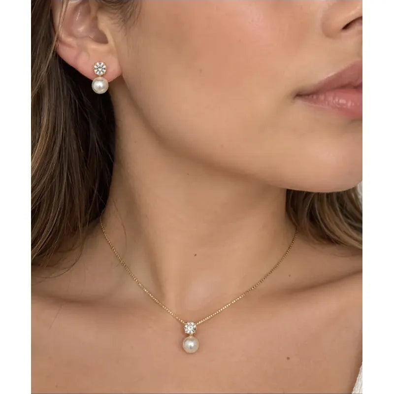 Set Collar Aros Mujer Perla 8mm Enchapado Oro 18k Regalo Dorado