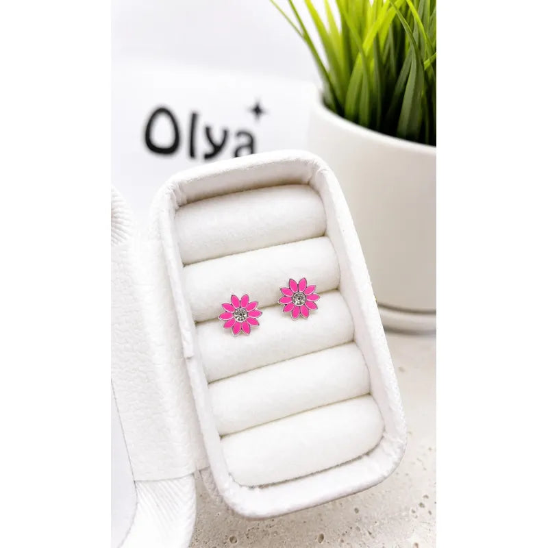 Aros Plata 925 Flor Rosa Niña 8mm Esmaltados Regalo Infantil Rosa Chicle