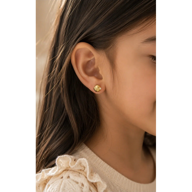 Aros Oro 18k Enchapado Niña Concha Marina 5mm Infantil Mujer Dorado