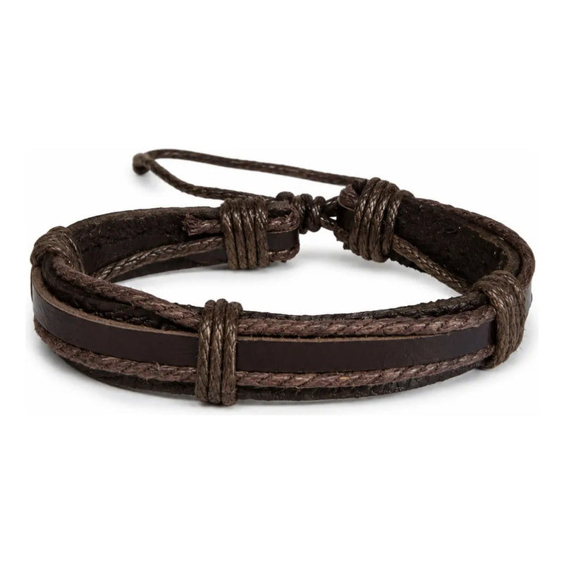 Pulseras Hombre Pack 6 Ajustables Set Variado Ecocuero Acero Marrón Oscuro 18 Cm