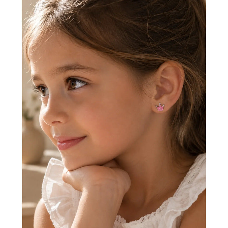 Aros Plata 925 Niña Corona Rosa Brillo Caja Regalo Infantil Rosa