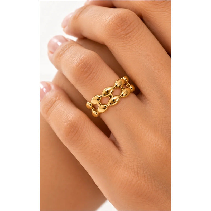Anillo Mujer Ajustable Acero Inoxidable Doble Óvalos Cadena Dorado Ajustable