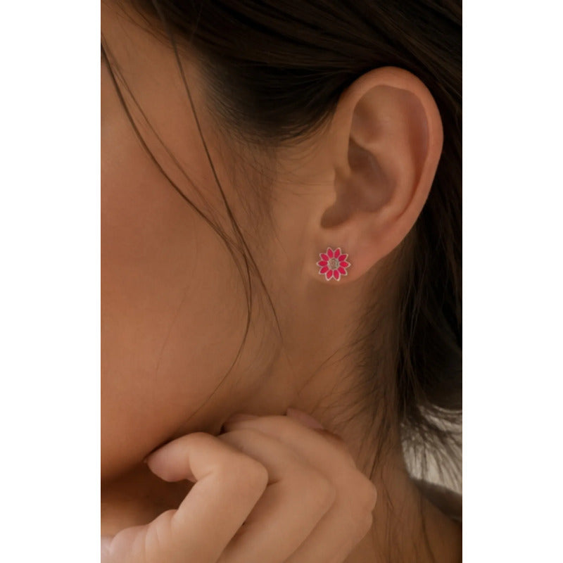Aros Plata 925 Flor Rosa Niña 8mm Esmaltados Regalo Infantil Rosa Chicle