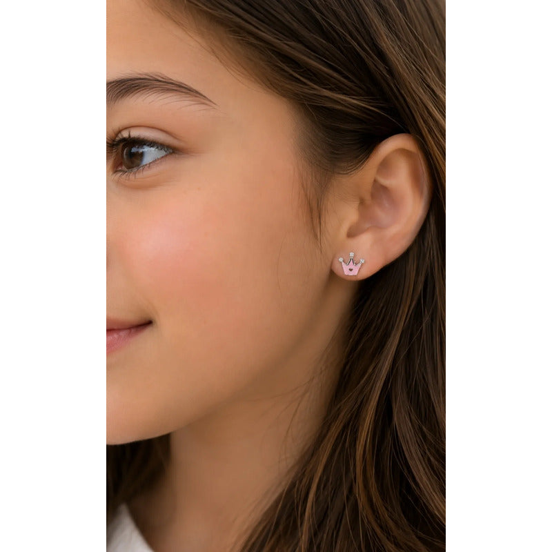 Aros Plata 925 Niña Corona Rosa Brillo Caja Regalo Infantil Rosa