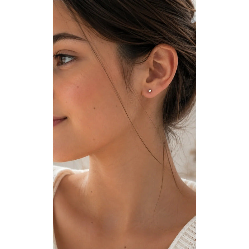 Aros Plata 925 Bebé Niña 3mm Clásicos Bolitas Tope Seguridad Plateado