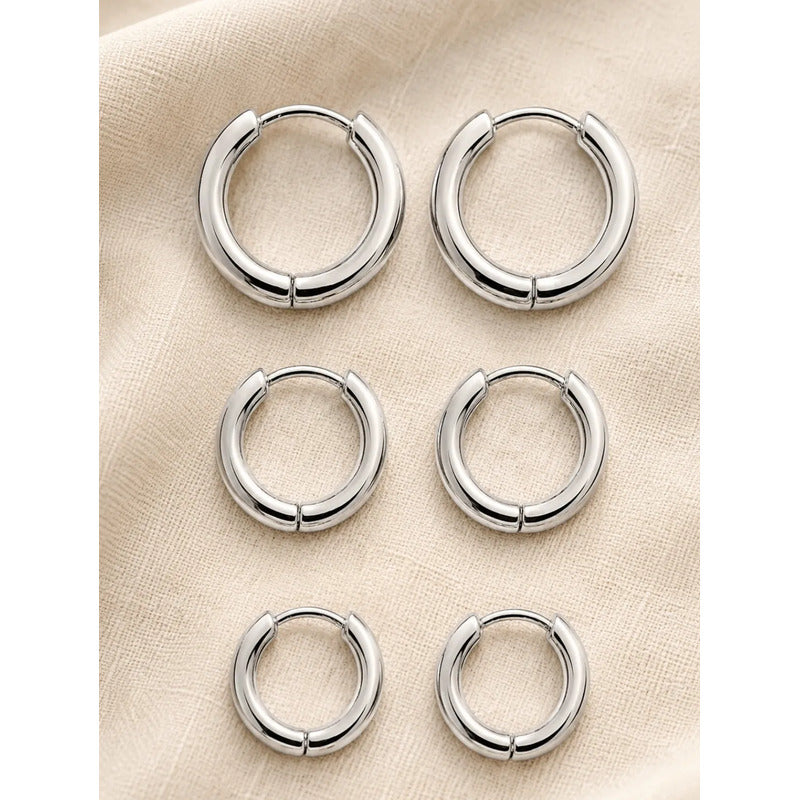 Aros Argollas Acero Inoxidable Lisas Pack 3 Pares Unisex Plateado