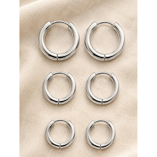 Aros Argollas Acero Inoxidable Lisas Pack 3 Pares Unisex Plateado
