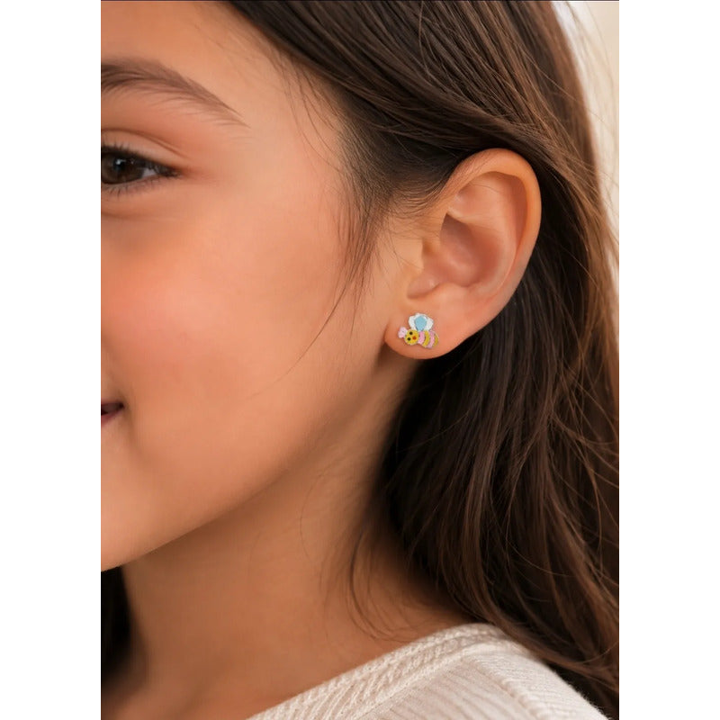 Aros Plata 925 Abejita Esmaltada Niña Mujer Con Caja Regalo Multicolor