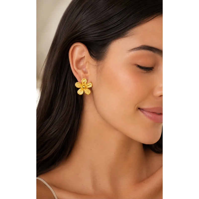 Aros Mujer Flor Acero Inoxidable 2.5cm Moda Elegante Dorado