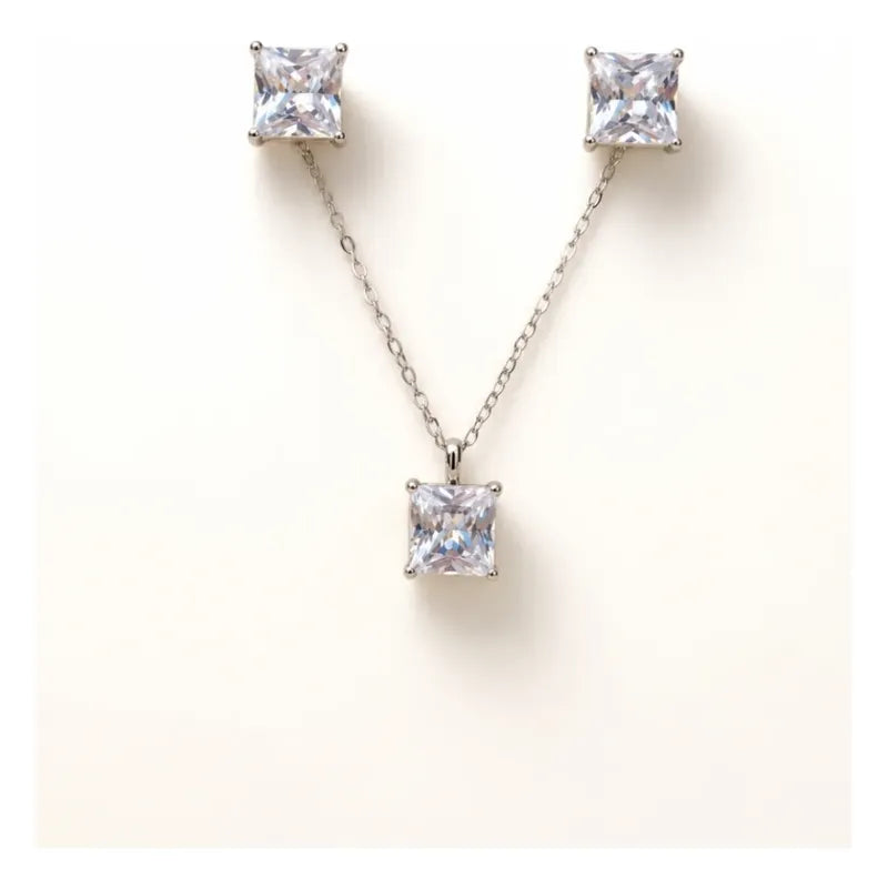 Collar Aros Mujer Set Punto De Luz En Acero Quirúrgico Pack Plateado