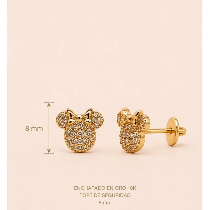 Aros Niña Minnie Enchapado Oro 18k 8mm Regalo Infantil Bebe Dorado