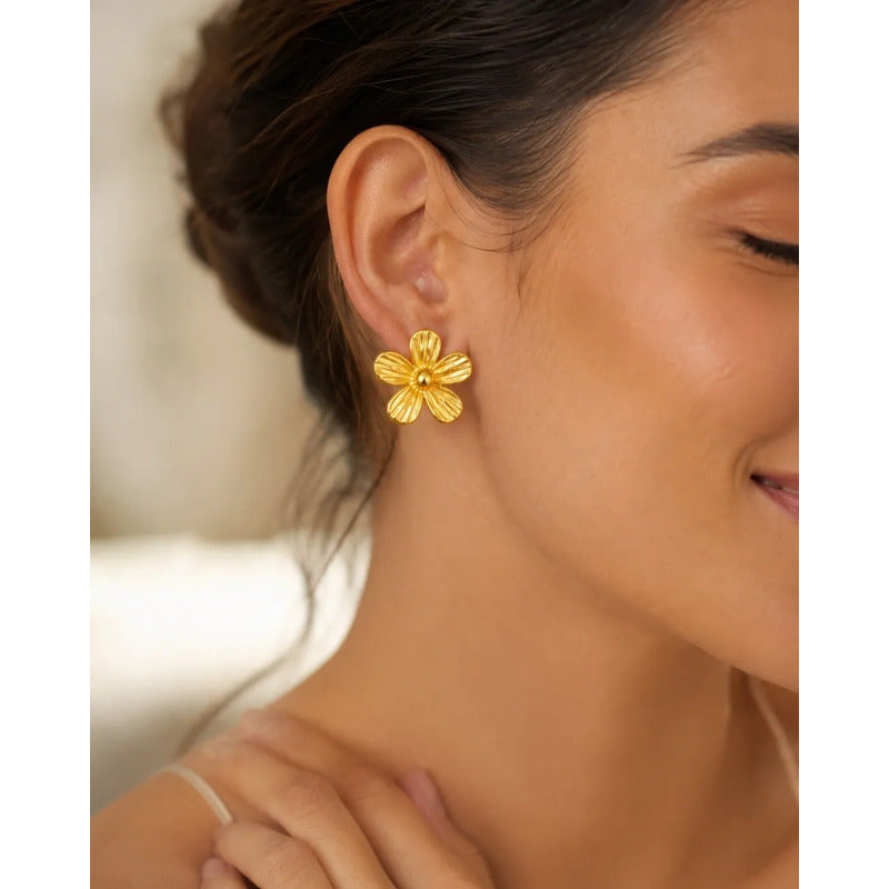 Aros Mujer Flor Acero Inoxidable 2.5cm Moda Elegante Dorado