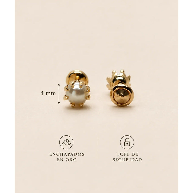 Aros Bebé Niña Perla 4mm Enchapados Oro 18k Tope Seguridad Dorado