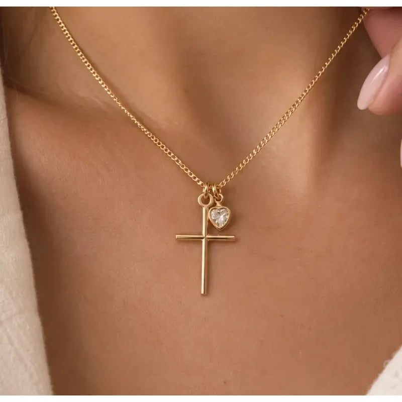 Collar Cruz Mujer Enchapado Oro Dije Corazón Circonita 45cm Dorado