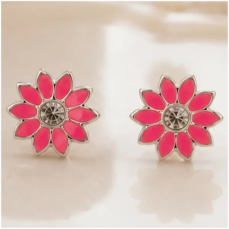 Aros Plata 925 Flor Rosa Niña 8mm Esmaltados Regalo Infantil Rosa Chicle