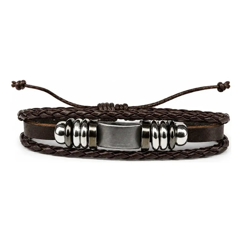 Pulseras Hombre Pack 6 Ajustables Set Variado Ecocuero Acero Marrón Oscuro 18 Cm