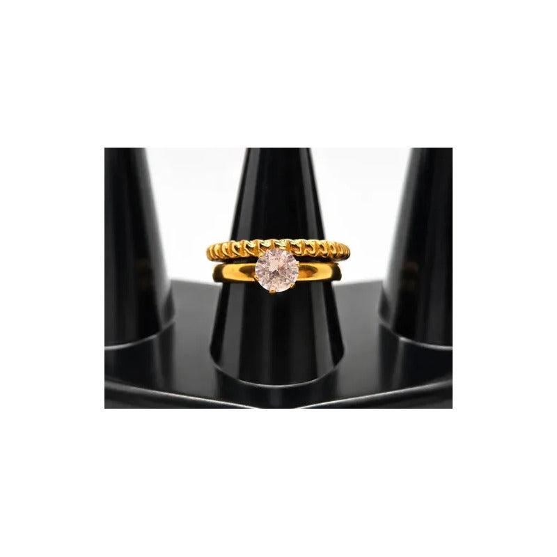 Anillos Mujer Set Solitario Y Trenzado En Acero Inoxidable Dorado 19