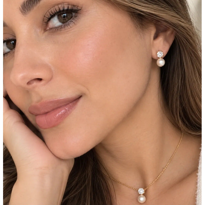 Set Collar Aros Mujer Perla 8mm Enchapado Oro 18k Regalo Dorado