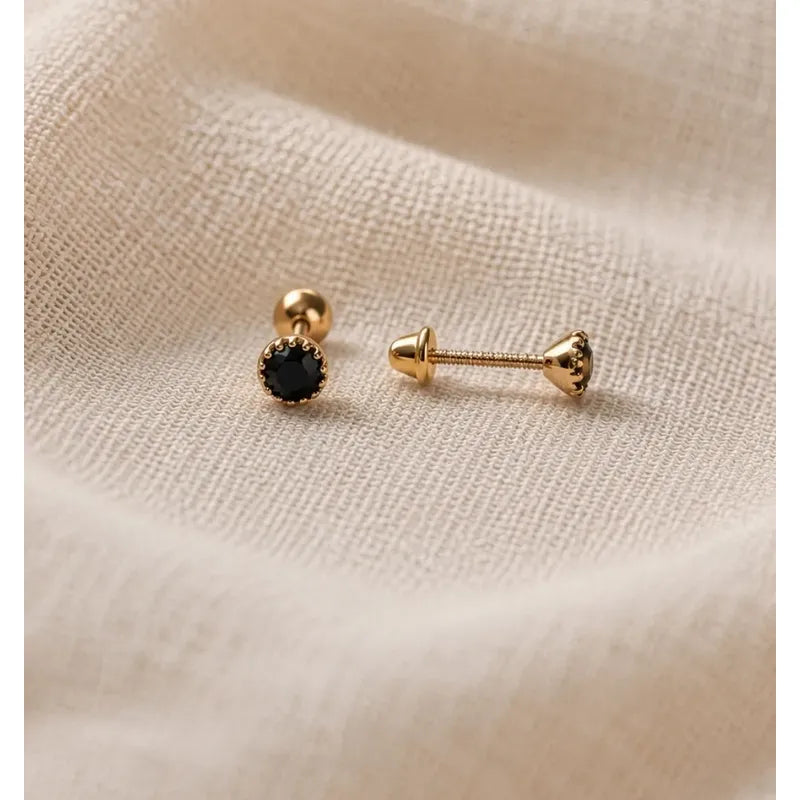 Aros Punto De Luz Oro 18k Enchapado Mujer Niña Tope Seguro Dorado Con Negro