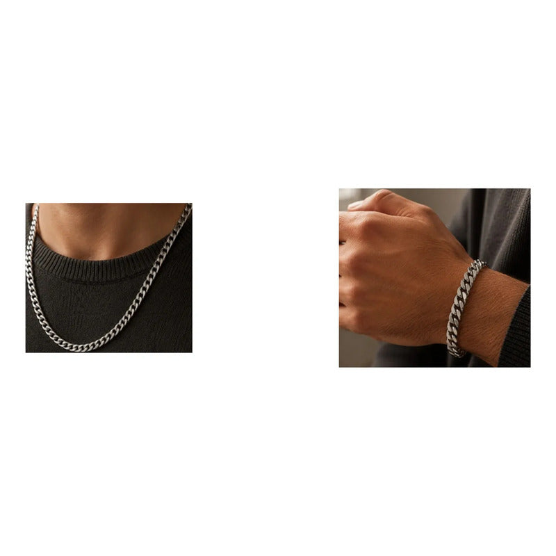 Set Cadena Cubana 8mm Hombre Acero Inoxidable Collar Pulsera Eslabón Cubano Plateado Conjunto Joyería Masculina
