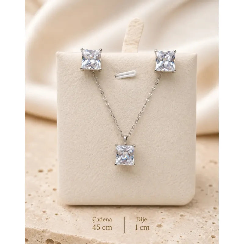 Collar Aros Mujer Set Punto De Luz En Acero Quirúrgico Pack Plateado