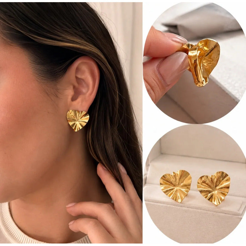 Aros Mujer Sin Perforar Enchapado En Oro Corazon A Presion Dorado