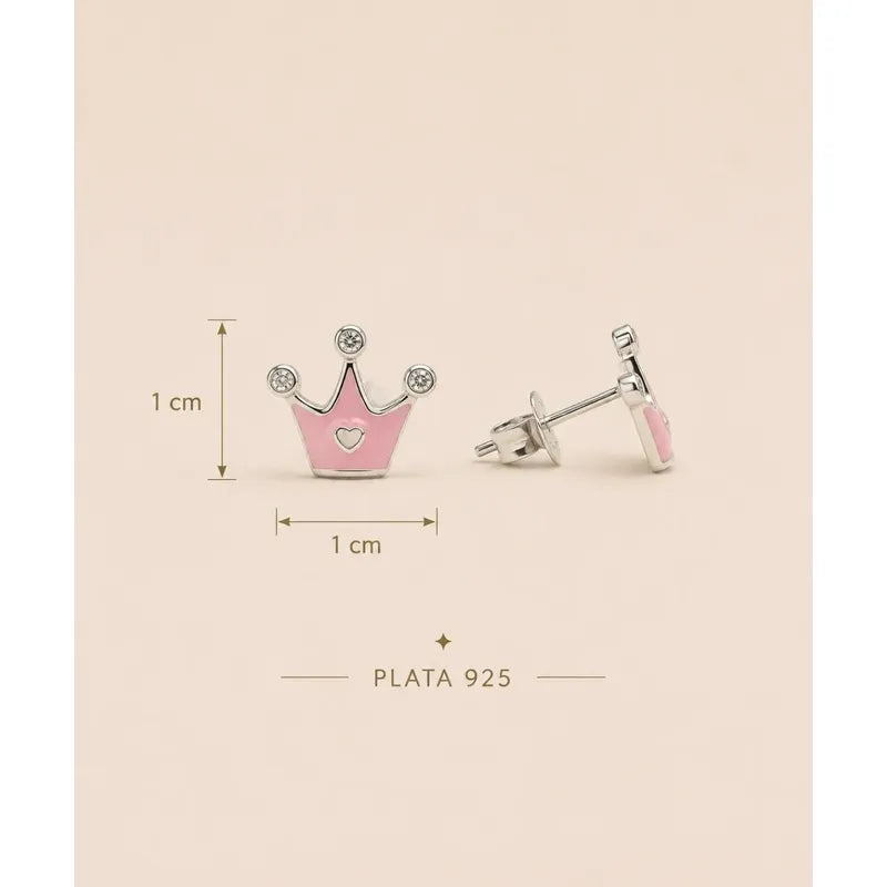 Aros Plata 925 Niña Corona Rosa Brillo Caja Regalo Infantil Rosa