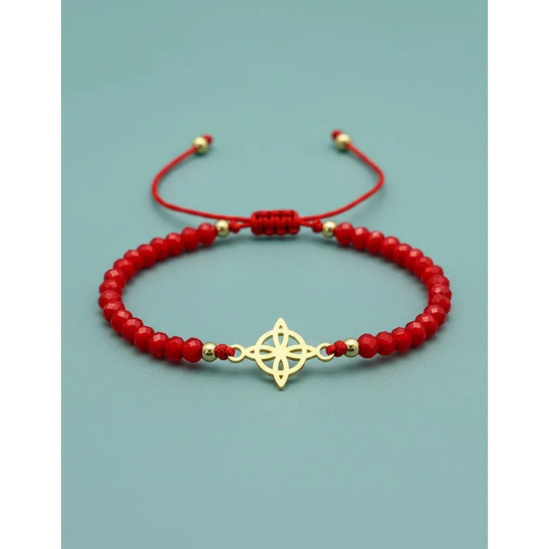 Pulsera Nudo De Bruja Cristales Rojos Protección Y Suerte Dorado 20 Cm