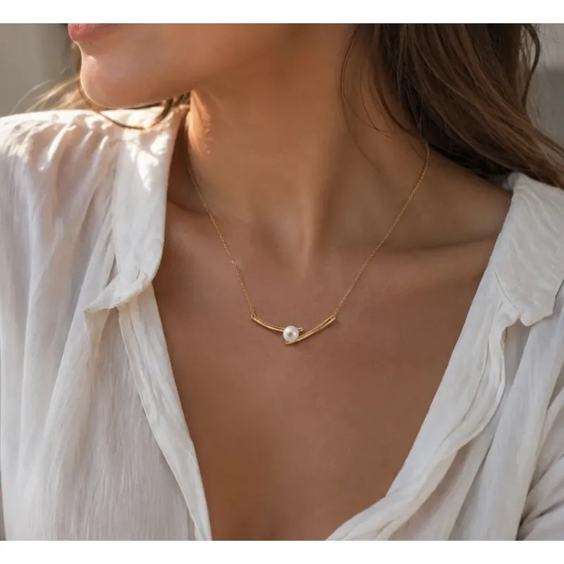 Collar Mujer Perla Blanca Acero Quirúrgico Caja Regalo Dorado