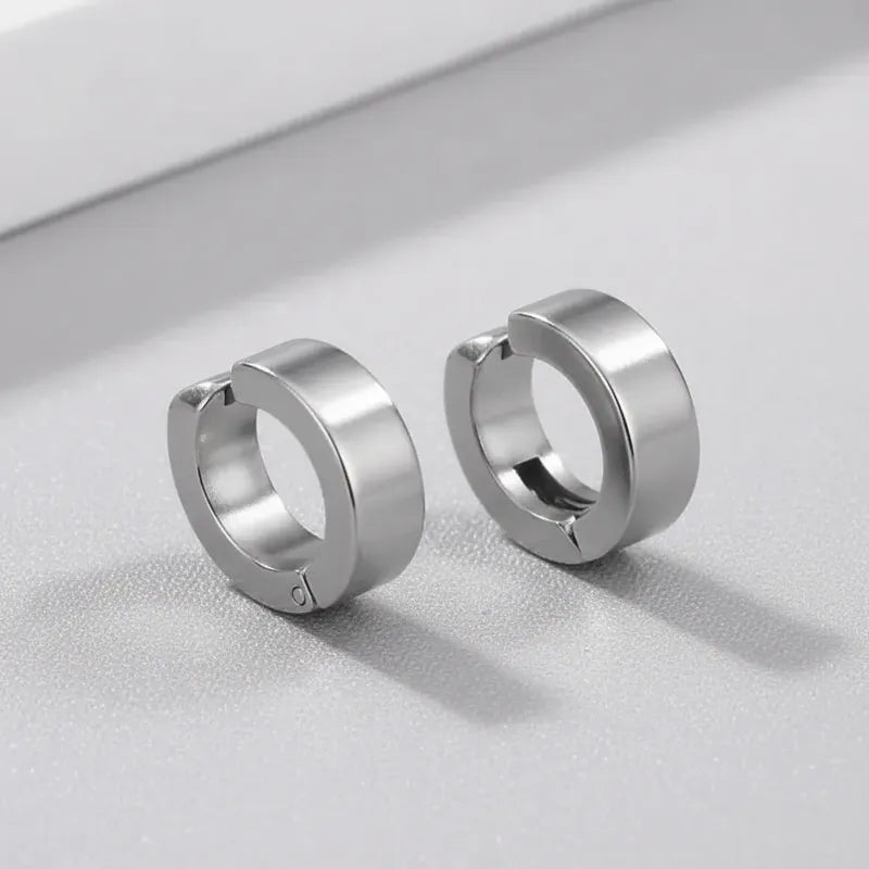 Aros Hombre Clip Acero Inoxidable Falsos Presión Par Plateado
