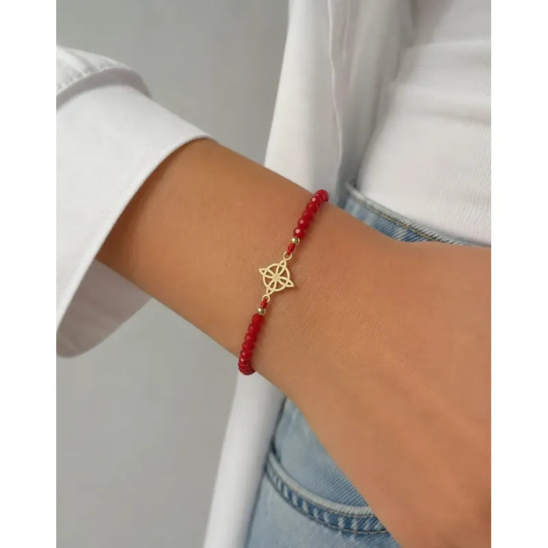 Pulsera Nudo De Bruja Cristales Rojos Protección Y Suerte Dorado 20 Cm