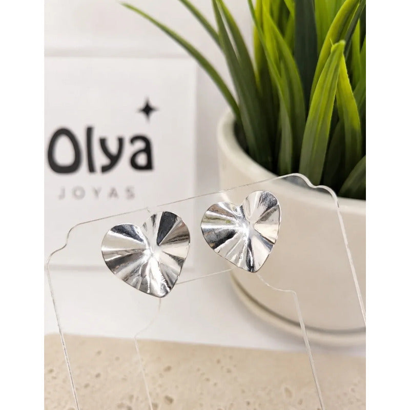 Aros Mujer Corazón Sin Perforación Enchapado Plata Presión Plateado