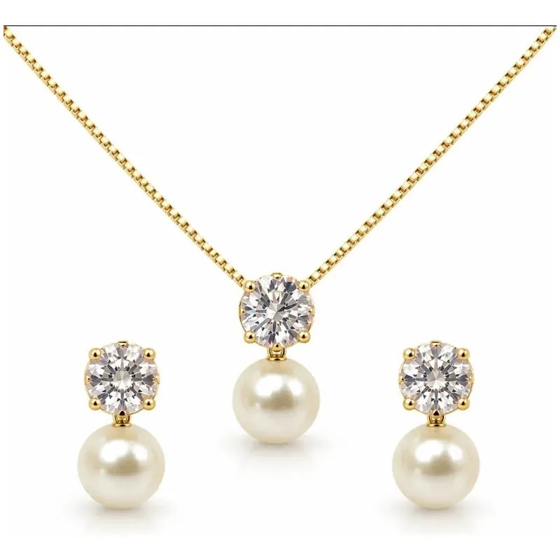 Set Collar Aros Mujer Perla 8mm Enchapado Oro 18k Regalo Dorado