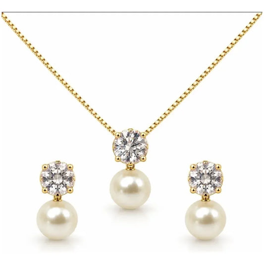 Set Collar Aros Mujer Perla 8mm Enchapado Oro 18k Regalo Dorado