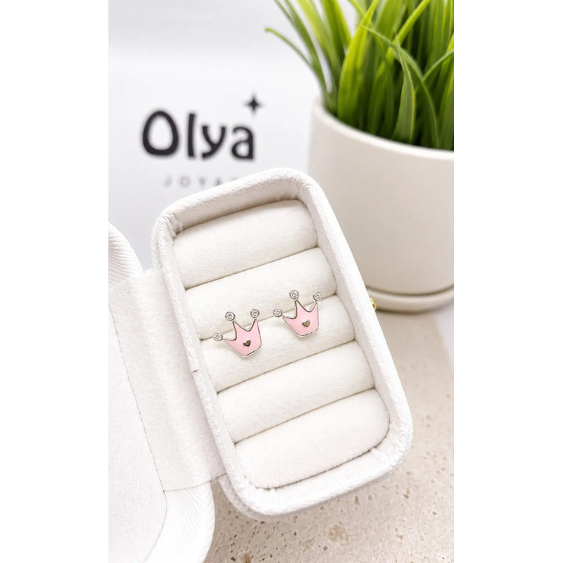 Aros Plata 925 Niña Corona Rosa Brillo Caja Regalo Infantil Rosa