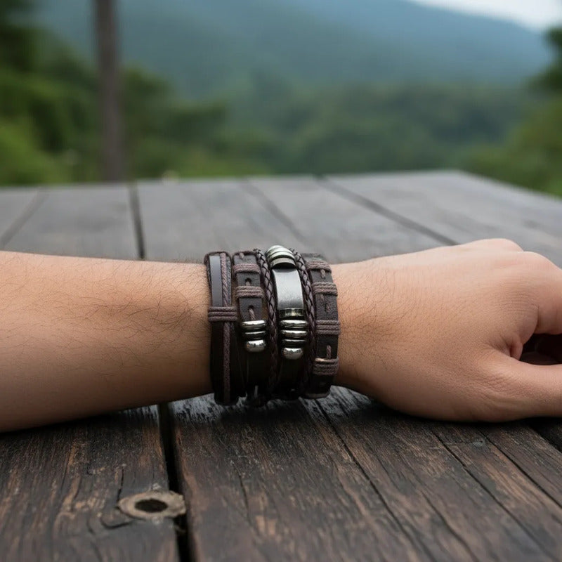 Pulseras Hombre Pack 6 Ajustables Set Variado Ecocuero Acero Marrón Oscuro 18 Cm